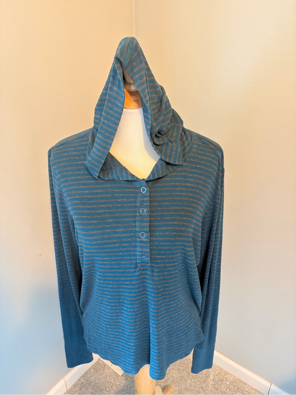 CAbi Teal Striped Riff Hoodie Button Pullover #4191